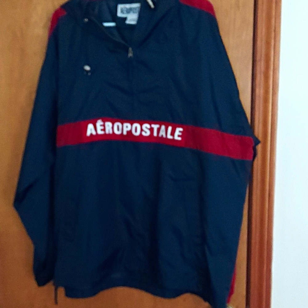 VTG Aéropostale Men Size L Blue Red Colorblock 1/4 Zip Nylon thin hood Jacket